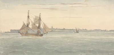 Single Brig (?) Toinen purjelaiva taustalla kaupungin ääriviivoja vasten tekijältä Joseph Cartwright