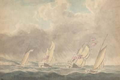 Two Sloops of War, One Barque ja One Schooner (?), Sterns Forward, Heavy Seasissa; Useita purjealuksia taustalla tekijältä Joseph Cartwright