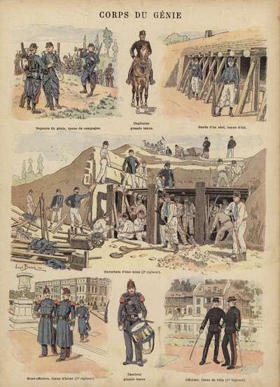 Ranskan armeijan sotainsinöörit (värilitho) tekijältä Joseph Charles (after) Beuzon