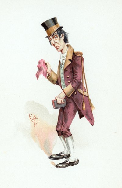 Job Trotter, kuvitus artikkelista "Character Sketches from Charles Dickens", n. 1890 tekijältä Joseph Clayton Clarke