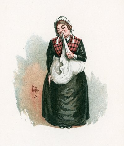 Rouva Bardell, kuvitus teoksesta "Character Sketches from Charles Dickens", noin 1890. tekijältä Joseph Clayton Clarke