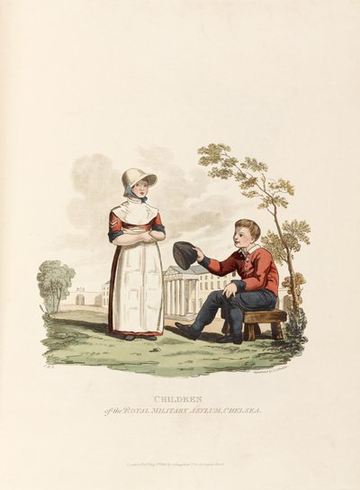 Kuninkaallisen sotilaskodin lapset, Chelsea, 1813 (värillinen akvatintta) tekijältä Joseph Constantine Stadler