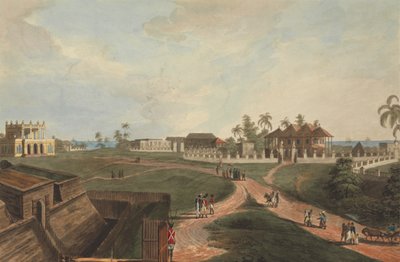 Hallitustalo ja valtuustotalo, Fort Marlborough, Benkulen, Sumatra, 1799 tekijältä Joseph Constantine Stadler