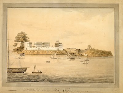 Näkymä Bance-saarelle, Sierra Leone, Afrikka, noin 1805 (vesiväri) tekijältä Joseph Corry