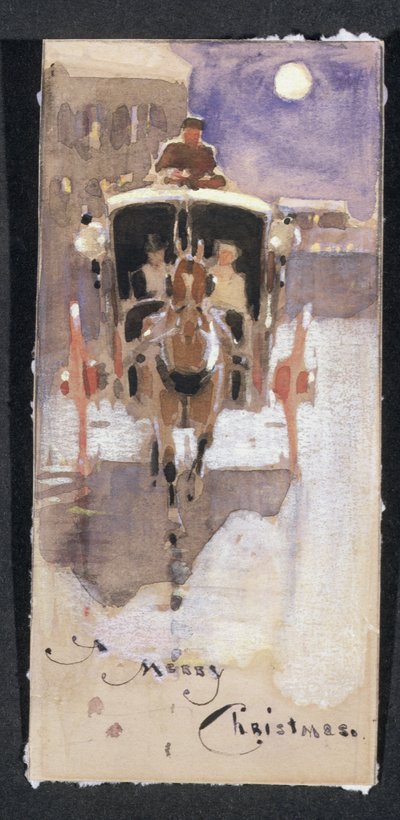 Joulukortti Hansom Cabilla (wc korotettu valkoisella liidulla paperille) tekijältä Joseph Crawhall