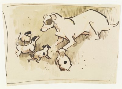 Kettuterrieri ja pennut (kynä ja pesu paperille) tekijältä Joseph Crawhall