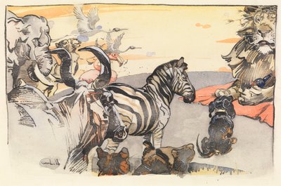 Kuningas Noble leijona ja hänen hovinsa (pesu paperille) tekijältä Joseph Crawhall