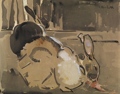 Kaksi kania, yksi syö porkkanoita (pesu ja vartaloväri paperilla) tekijältä Joseph Crawhall