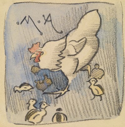 Valkoinen kana ja kanat, n. 1901 (liitu, kynä ja pesu paperille) tekijältä Joseph Crawhall