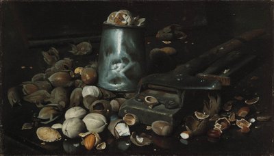 Asetelma, jossa on säilyketölkki ja pähkinöitä, n.1886 tekijältä Joseph Decker