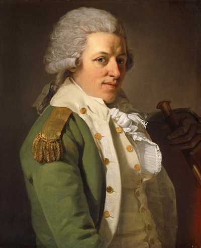 Taiteilijan muotokuva, puolipitkä, yllään vihreä takki ja pitelee keppiä, tekijältä Joseph Ducreux