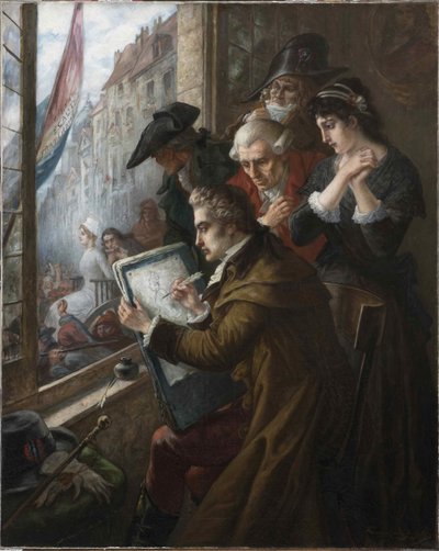 Taidemaalari Jacques-Louis David, joka piirsi Marie-Antoinettea, johti hänen teloitukseen, 1793, 1900. tekijältä Joseph Emanuel Van Den Bussche