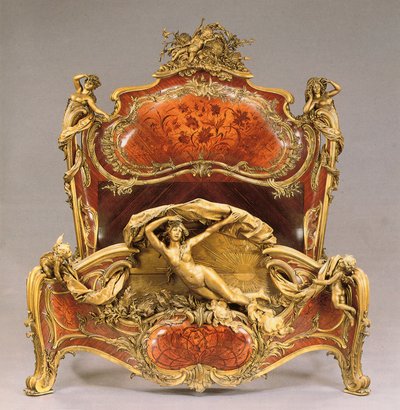 Ludvig XV:n tyylinen ormolu-asennettu tulppaani-, kingwood- ja marquetry grand lit de reposes tekijältä Joseph Emmanuel Zwiener
