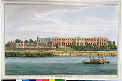 Hampton Court, kaiverrettu J.C. Stadler (fl.1780-1812) Havellin "Thamesin historiasta", 1793 (värikaiverrus) tekijältä Joseph Farington