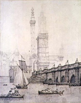 Old London Bridge ja monumentti tekijältä Joseph Farington