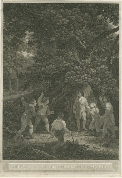 Boscobel - Kuninkaallinen tammi: kaiverrus, huhtikuu 1800 tekijältä Joseph Farrington