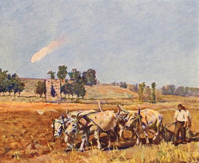 Rooma: roomalainen maaseutu, härkä kyntää (värilitografia). tekijältä Joseph Felix Bouchor