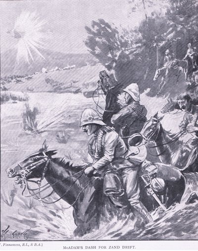 McAdams dash for Zand Drift, teoksesta After Pretoria: The Guerilla War, jonka on julkaissut Harmsworth Bros Limited, 1901. tekijältä Joseph Finnemore