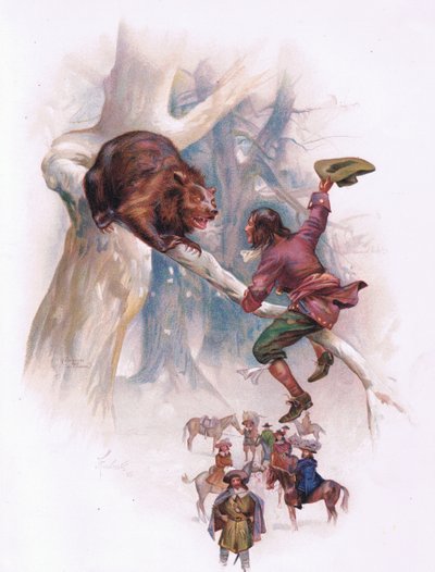 Niinpä hän alkoi hyppiä ja ravistella oksaa, jolloin karhu alkoi horjua (värilitografia). tekijältä Joseph Finnemore