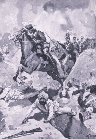 Sobraon: Sir Joseph Thackwell johdattelee 3. Light Dragonseja yhdessä tiedostossa joidenkin sikhien maanrakennustöissä, kuvitus brittiläisistä taisteluista maalla ja merellä, 1915 tekijältä Joseph Finnemore