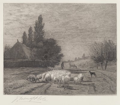 Village Street Ranskassa lammaslauman kanssa tekijältä Joseph Foxcroft Cole