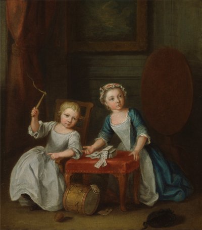Kaksi Nollekens-perheen lasta, luultavasti Jacobus ja Maria Sophia, leikkivät toppia ja pelikortteja, 1745 tekijältä Joseph Francis Nollekens