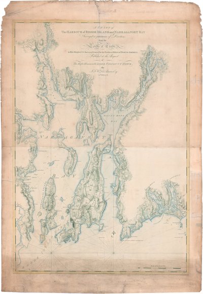 Kartta Rhode Islandin satamasta ja Narragansett Baystä tekijältä Joseph Frederick Wallet DesBarres