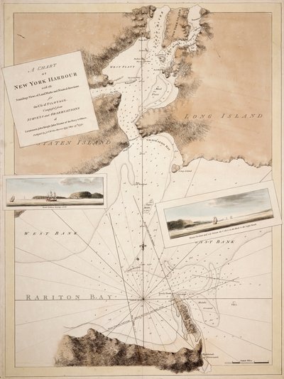 New Yorkin sataman kartta, jossa on luotaukset, maamerkkien näkymät ja merenkulkusuunnat luotsausta varten. Koostettu merivoimien luutnanttien John Knight John Hunterin ja muiden tekemien kartoitusten ja havaintojen perusteella. tekijältä Joseph Frederick Wallet DesBarres