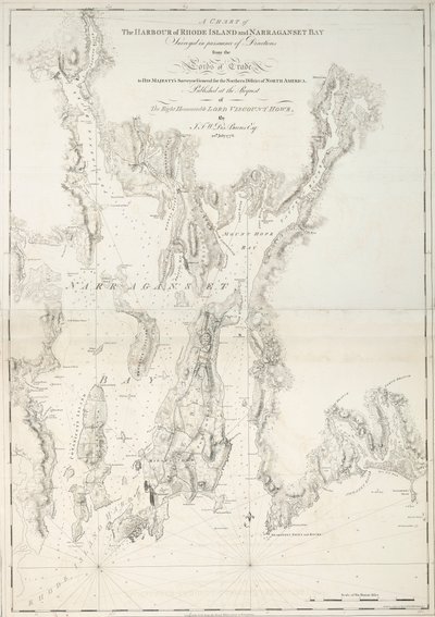 Rhode Islandin sataman ja Narraganset Bayn kartta. tekijältä Joseph Frederick Wallet DesBarres