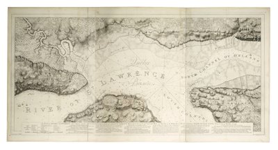 Quebecin ja sen ympäristön suunnitelma puolustuksineen, noin 1781 (värillinen kaiverrus). tekijältä Joseph Frederick Wallet DesBarres