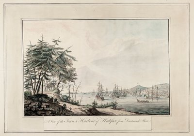 Näkymä Halifaxin kaupungista ja satamasta Dartmouthin rannalta, noin 1777 (painettu). tekijältä Joseph Frederick Wallet DesBarres