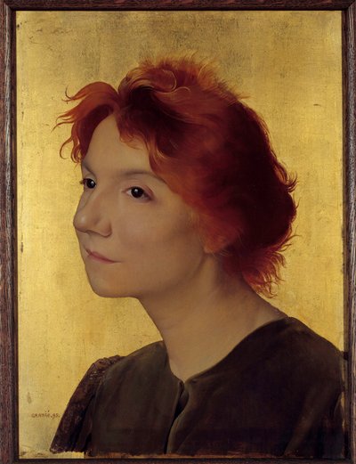 Laulaja Yvette Guilbertin (1867-1944) muotokuva. Muotokuva naisesta, jolla on punaiset hiukset kultaisella pohjalla. Joseph Granien (1861-1915) maalaus 1895 Su. 0,41x0,31 m Pariisi, musee d