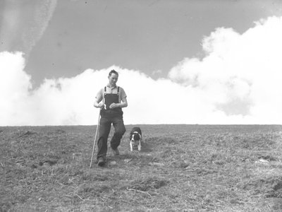 Mies ja hänen lammaskoiransa kävelyllä Martindalessa tekijältä Joseph Hardman