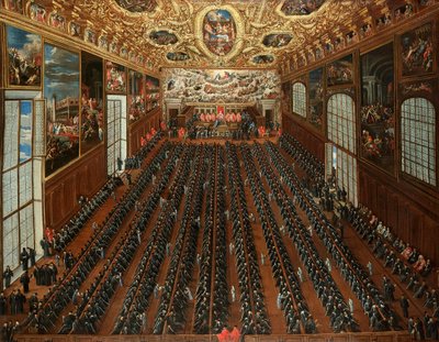Sala Maggior Consiglio, Dogen palatsi, Venetsia, sisätiloissa, kun patriisit äänestävät uusien tuomareiden valintaa koskevasta tiedotteesta. tekijältä Joseph Heintz the Younger