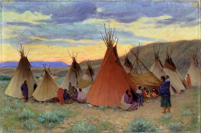 Ilta Crow Reservationissa, Montana (öljy kankaalle) tekijältä Joseph Henry Sharp