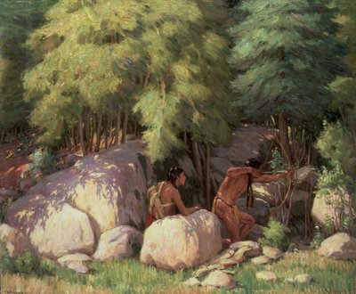 Intian urhot metsästävät peuraa (öljy kankaalle) tekijältä Joseph Henry Sharp