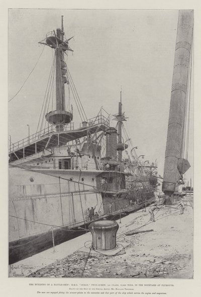 Taistelulaivan rakentaminen, HMS Ocean, kaksoisruuvi, 1. luokka, 12 950 tonnia, Plymouthin telakalla tekijältä Joseph Holland Tringham