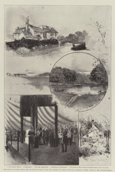 Walesin prinssi laskemassa peruskiven Kristuksen sairaalan uusille kouluille, Horsham, Sussex, Näkymät naapurustossa tekijältä Joseph Holland Tringham