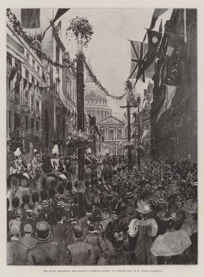 Kuninkaallinen kulkue, Hänen Majesteettinsa vaunut kulkevat Ludgate Hillillä St Paulin katedraaliin. tekijältä Joseph Holland Tringham