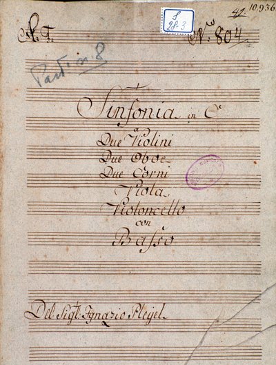 Ensimmäinen sivu Pleyelin sinfonian sävelle C:ssä tekijältä Joseph Ignace Pleyel
