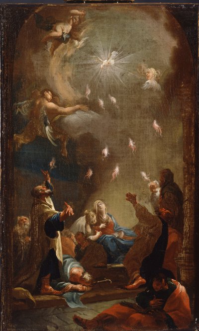 Pyhän Hengen laskeutuminen (helluntai) - Joseph Ignaz Mildorferin (1719-1775) maalaus, öljy kankaalle, noin 1750 - (Pyhän Hengen laskeutuminen (helluntai), J.I.Mildorferin öljy kankaalle, n. 1750) - Magyar Nemzeti Galeria (Unkari) tekijältä Joseph Ignaz Mildorfer