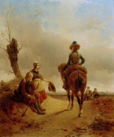 Maisema, jossa on barokkityylinen ratsastuskohtaus tekijältä Joseph Jodocus Moerenhout