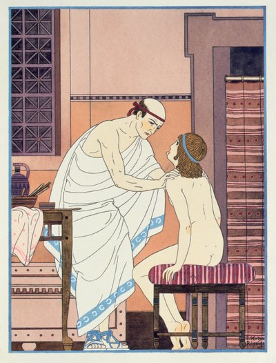 Kurkkututkimus, kuvitus teoksesta "Hippokrateen täydelliset teokset", 1932 tekijältä Joseph Kuhn Regnier