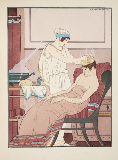 Päähän laitetaan kuumassa vedessä kasteltu sieni, kuva teoksesta "Hippokrateen teokset", 1934 tekijältä Joseph Kuhn Regnier