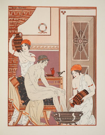 Jalkojen peseminen, kuvitus teoksesta "Hippokrateen teokset", 1934 tekijältä Joseph Kuhn Regnier
