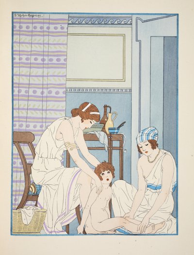 Imeväisten hoito, kuvitus teoksesta "The Works of Hippokrates", 1934 tekijältä Joseph Kuhn Regnier