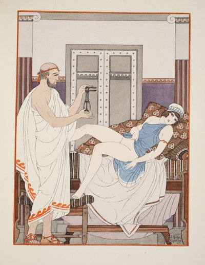 Gynekologinen tutkimus, kuvitus teoksesta "Hippokrateen teokset", 1934 tekijältä Joseph Kuhn Regnier