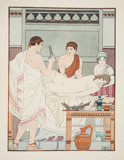 Gynekologinen tutkimus, kuvitus teoksesta "Hippokrateen teokset", 1934 tekijältä Joseph Kuhn Regnier