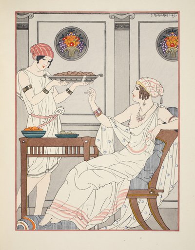 Seesamikakkujen ja hunajaa sisältävien makeisten kohtuuton kulutus, kuvitus teoksesta "Hippokrateen teokset", 1934 tekijältä Joseph Kuhn Regnier