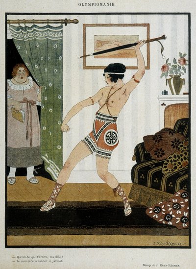 Nuori tyttö antiikkipukuharjoittelussa heittämään keihään sateenvarjon kanssa. Fantasiajuliste, joka kuvaa olympialaisten innostusta. J. Kuhn Regnierin piirustus noin 1920. tekijältä Joseph Kuhn Regnier